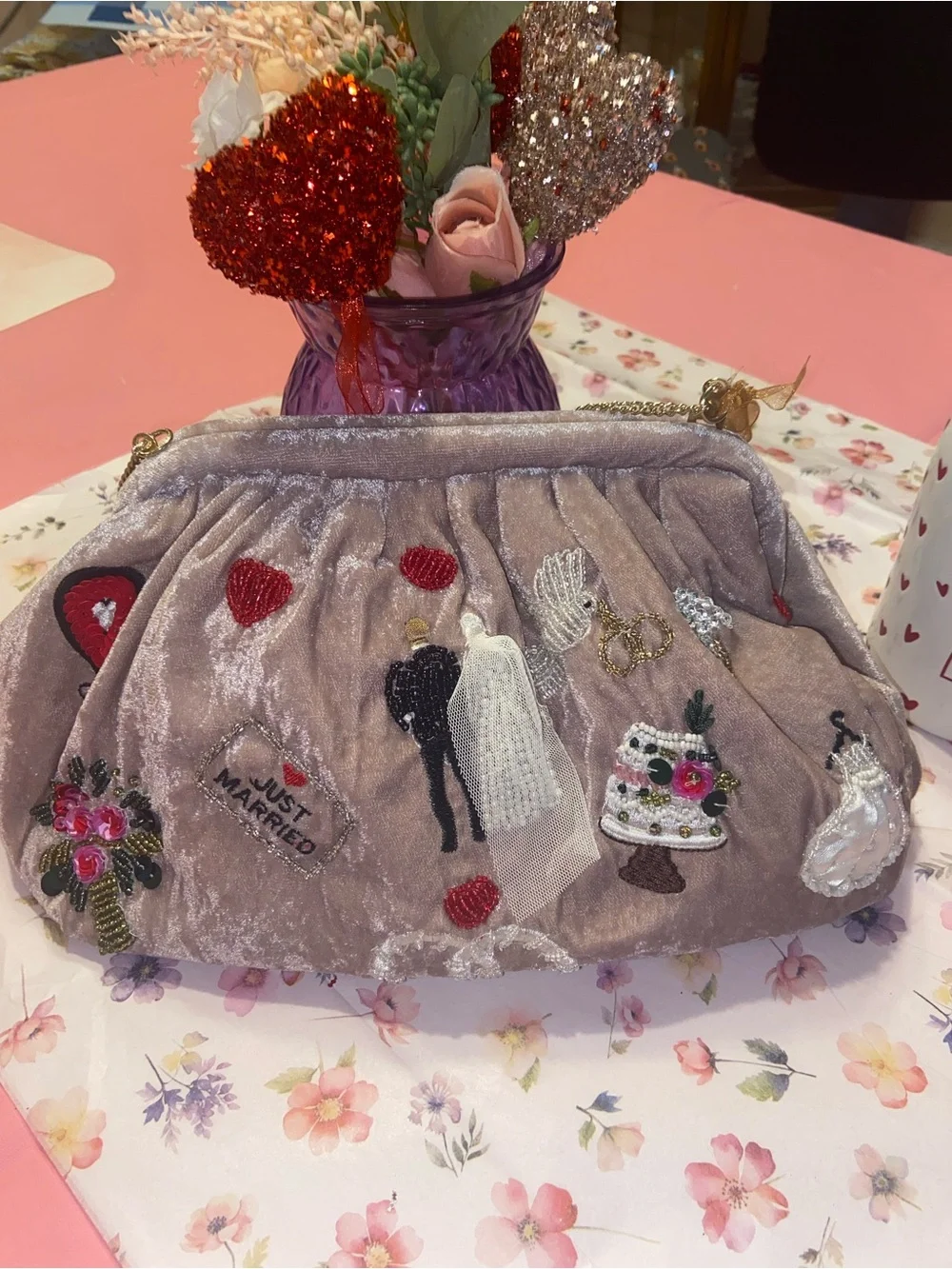 Hand Crafted Pink Velvet Embroidered Bridal Clutch